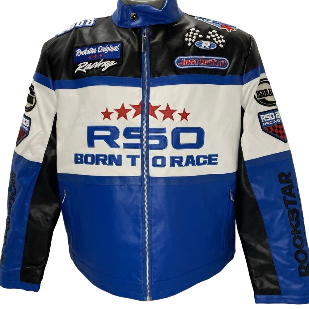 NEW ROCKSTAR Original Men's Balint Leather Moto Jacket – Size L – Black/Blue